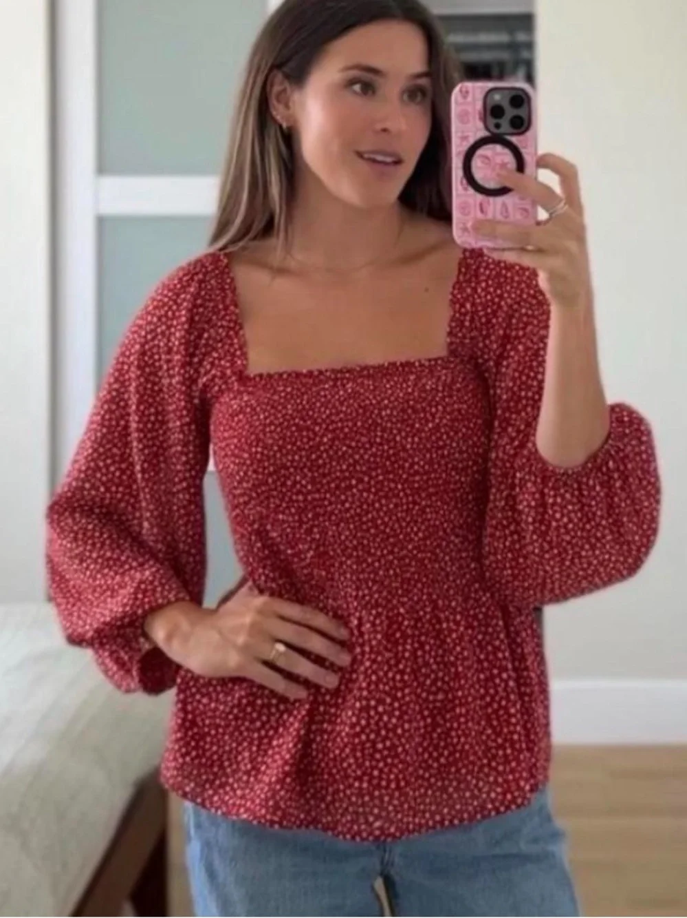 Madewell Lucie Red Smocked Polka Dot Peasant Blouse - Women Tops